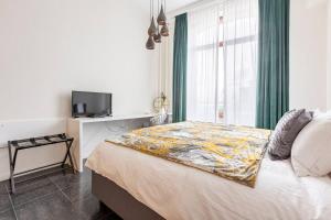 a bedroom with a bed and a tv and a window at Riverview Studio in Historical Heart of Antwerp in Antwerp