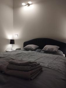 uma cama com duas almofadas e toalhas em Havel Apartment em Opole