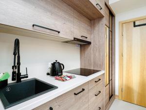 a kitchen with a sink and wooden cabinets at Apartamenty Hrube Niżne 23D in Zakopane