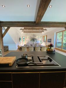 uma cozinha com um fogão e uma frigideira em Chalet Schmelz Huette mit Sauna und Garten em Flattach