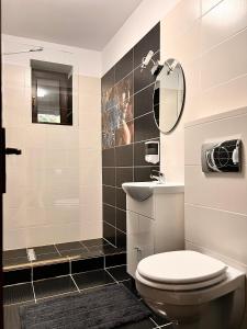 a bathroom with a toilet and a sink and a mirror at Penthouse luxury Predeal View in Predeal