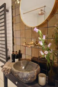 y baño con lavabo de piedra y espejo. en Smuk Huske, en Echtenerbrug