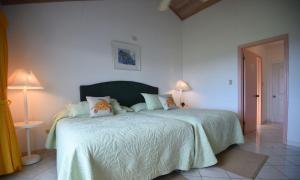 a bedroom with a bed with a green blanket and two lamps at Stella Maris Resort Club in Stella Maris