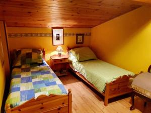 - une chambre avec deux lits et un plafond en bois dans l'établissement Accogliente attico vista Dolomiti, à Vodo Cadore