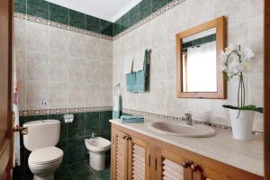 bagno con servizi igienici, lavandino e specchio di Casa Aloe a Haría