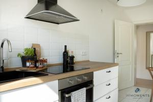 cocina con fregadero y fogones horno superior en Stilvolles Apartment im Zentrum mit Netflix WE23 en Magdeburgo