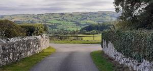 a winding road next to a stone wall with a mountain at Henblas Holiday Cottages in Abergele +21 photos
