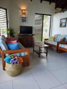 a living room with two couches and a tv at 6 Sandy Surf, Worthing Christ Church in Christ Church