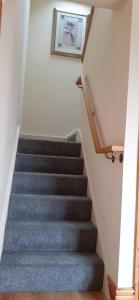 a stairway with a blue carpet and a picture on the wall at Henblas Holiday Cottages in Abergele