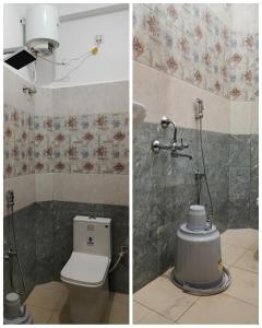 two pictures of a bathroom with a toilet and a shower at La Township Residency in Puducherry