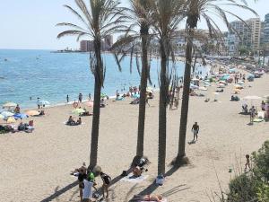 un grupo de personas en una playa con palmeras en LUX. FRONTBEACH-TERRACE. 5 POOLS.TV. 2 A.C.NETFLIX en Benalmádena