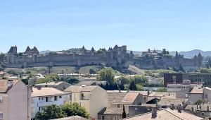 Vistas a una ciudad con un castillo en el fondo en Appartement cosy avec vue imprenable sur la cité, en Carcassonne