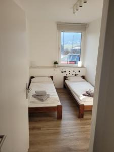 Cette chambre comprend 2 lits et une fenêtre. dans l'établissement Quartier Mehrblick, à Willingen
