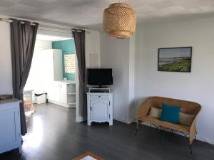 een woonkamer met een televisie en een bank bij Ambleteuse appartement vue mer in Ambleteuse