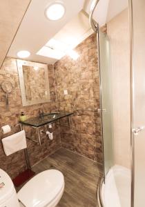a bathroom with a shower and a toilet and a sink at Casa Rural El Retiro de Gredos by RetiroRural in Arenas de San Pedro
