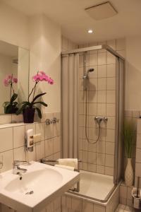 uma casa de banho com um lavatório e um chuveiro em Hotel Alt Wittower Krug em Wiek auf Rügen