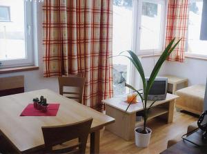 ein Wohnzimmer mit einem Tisch und einer Topfpflanze in der Unterkunft Berg-Juwel in Sankt Leonhard im Pitztal