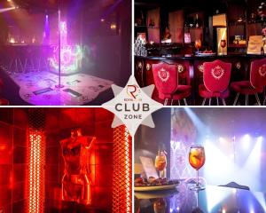 a collage of photos of a club zone with red lighting at Villa ROYAL CLUB 13 in Jūrmala