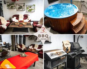 a collage of pictures of a living room with a tub at Villa ROYAL CLUB 13 in Jūrmala