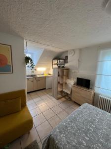 sala de estar con cama y cocina en Apartamento Lausanne, en Lausana