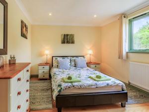a bedroom with a bed with two night stands and a window at Primrose Lodge in Holsworthy