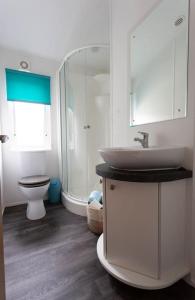 a white bathroom with a sink and a toilet at Spacious Homely Lakeside Lodge close to the Beaches in Chichester