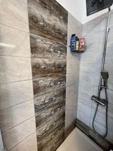 a bathroom with a shower with a wooden wall at Grande appartamento in Centro, 4 posti letto in Gorizia