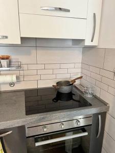 a kitchen with a stove with a pot on it at Grande appartamento in Centro, 4 posti letto in Gorizia