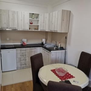 a small kitchen with a table and a sink at Apartman Lea & parking u garaži in Soko Banja