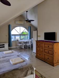 um quarto com uma cama, uma televisão e uma mesa em Santuarios del Mar em Bocas del Toro
