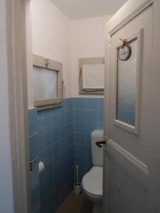 a bathroom with a white toilet and blue tiles at Camera in Casa Eva in Brione