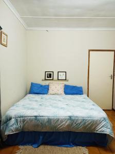 a bedroom with a bed with blue pillows at 18 on Shores in Pietermaritzburg