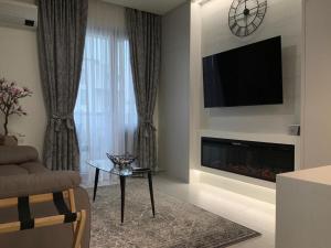 een woonkamer met een open haard en een televisie bij Apartment z kominkiem w sercu Wrocławia in Wrocław