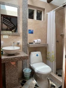 a bathroom with a toilet and a sink at Hotel, Bungalows, Chalet y Cabañas Aventura Park Villa De Leyva La Periquera in Villa de Leyva