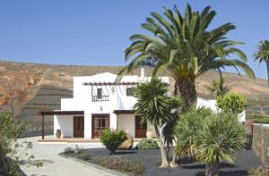 a white house with palm trees in front of a mountain at Villa Remedios in Teguise