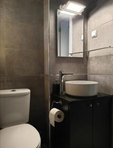 ein Badezimmer mit einem WC, einem Waschbecken und einem Spiegel in der Unterkunft BLUE HOUSE SESIMBRA with parking in Sesimbra