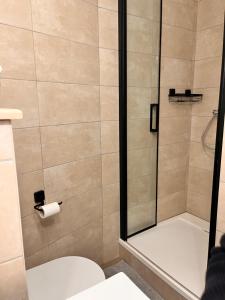 Appartement 2 chambres avec parking في بونتارليه: حمام مع دش ومرحاض