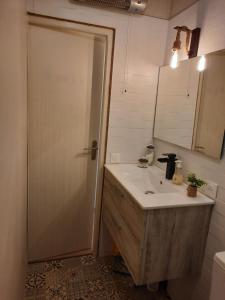 łazienka z umywalką i prysznicem z lustrem w obiekcie SUPERBE APPARTEMENT REFAIT A NEUF avec garage w mieście Orcières