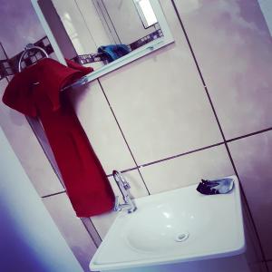 a bathroom with a sink and a red towel at LoftStudio16 Próximo a Fiat a Br381 e Via expressa in Betim