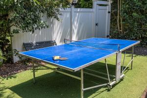a blue ping pong table with a racket on it at SOL Suite In The Village in Shomera