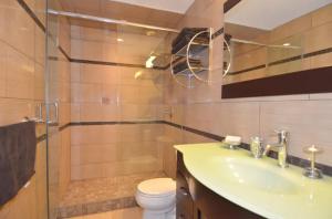 a bathroom with a sink and a toilet and a shower at The SoMa Furnished Residences in Hamilton