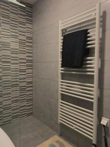 a bathroom with a shower with a black towel at Apartman Luka in Vinkovci