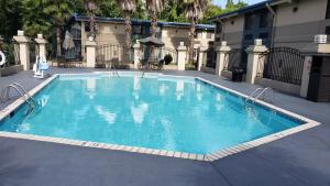 - une piscine d'eau bleue en face d'un bâtiment dans l'établissement Red Roof Inn Port Allen, à Port Allen