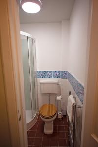 a bathroom with a shower and a toilet with a wooden seat at Cosy one bedroom flat in city center in Edinburgh