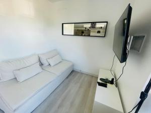 a living room with a white couch and a flat screen tv at Appartement Charmant Cocon Plus in Croix