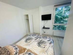 sypialnia z łóżkiem w pokoju z oknem w obiekcie Appartement Charmant Cocon Plus w mieście Croix