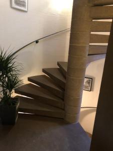 uma escada em espiral num edifício com um vaso de plantas em Altstadt Pension Herborn em Herborn