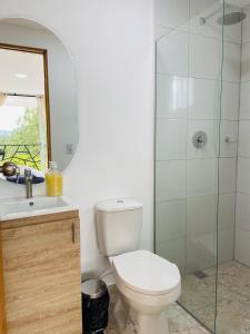 een badkamer met toilet en glazen douche bij La Madriguera in Guatapé