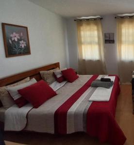 a bedroom with a large bed with red pillows at Studios Rossio in Viseu