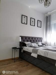 ein Schlafzimmer mit einem großen Bett und einem Tisch in der Unterkunft Apartman SATO in Brčko